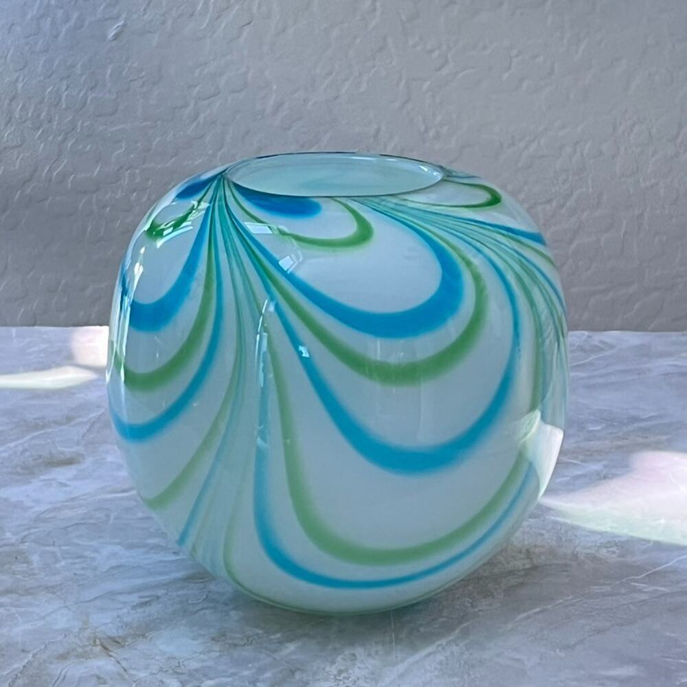 Hand Blown Art Glass Vase 8" White Green Blue Swirl Design